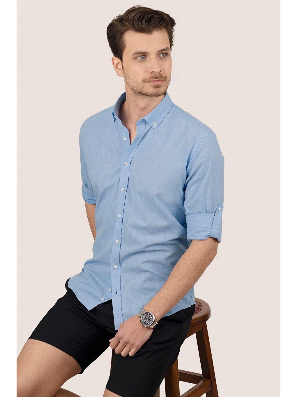 Mavi Yaka Düğmeli Keten Görünümlü Slimfit Erkek %100 Pamuk Gömlek-1