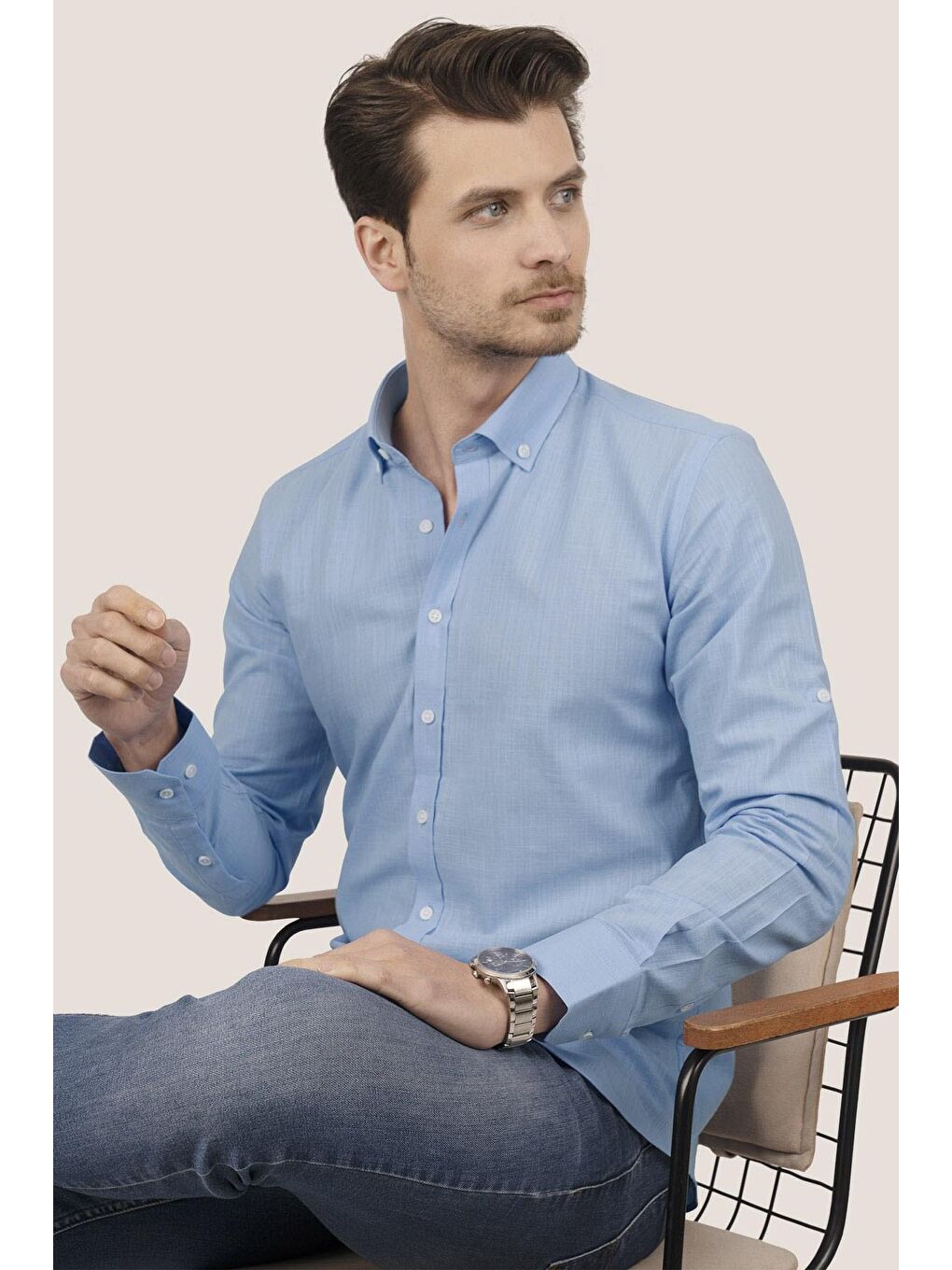 Mavi Yaka Düğmeli Keten Görünümlü Slimfit Erkek %100 Pamuk Gömlek-2