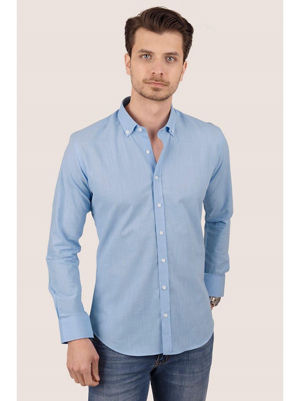 Mavi Yaka Düğmeli Keten Görünümlü Slimfit Erkek %100 Pamuk Gömlek-4