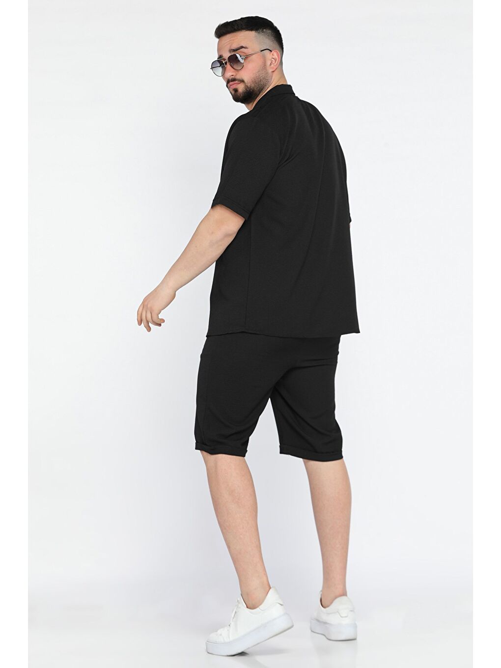 Siyah Erkek Duble Kol Gömlek Şort İkili Takım-2