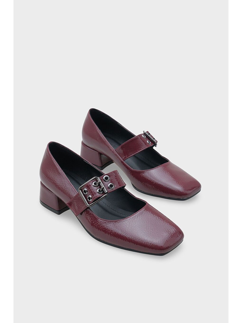 Bordo Keri Küt Burunlu Kısa Topuklu Bantlı Mary Jane Kadın Ayakkabı-1