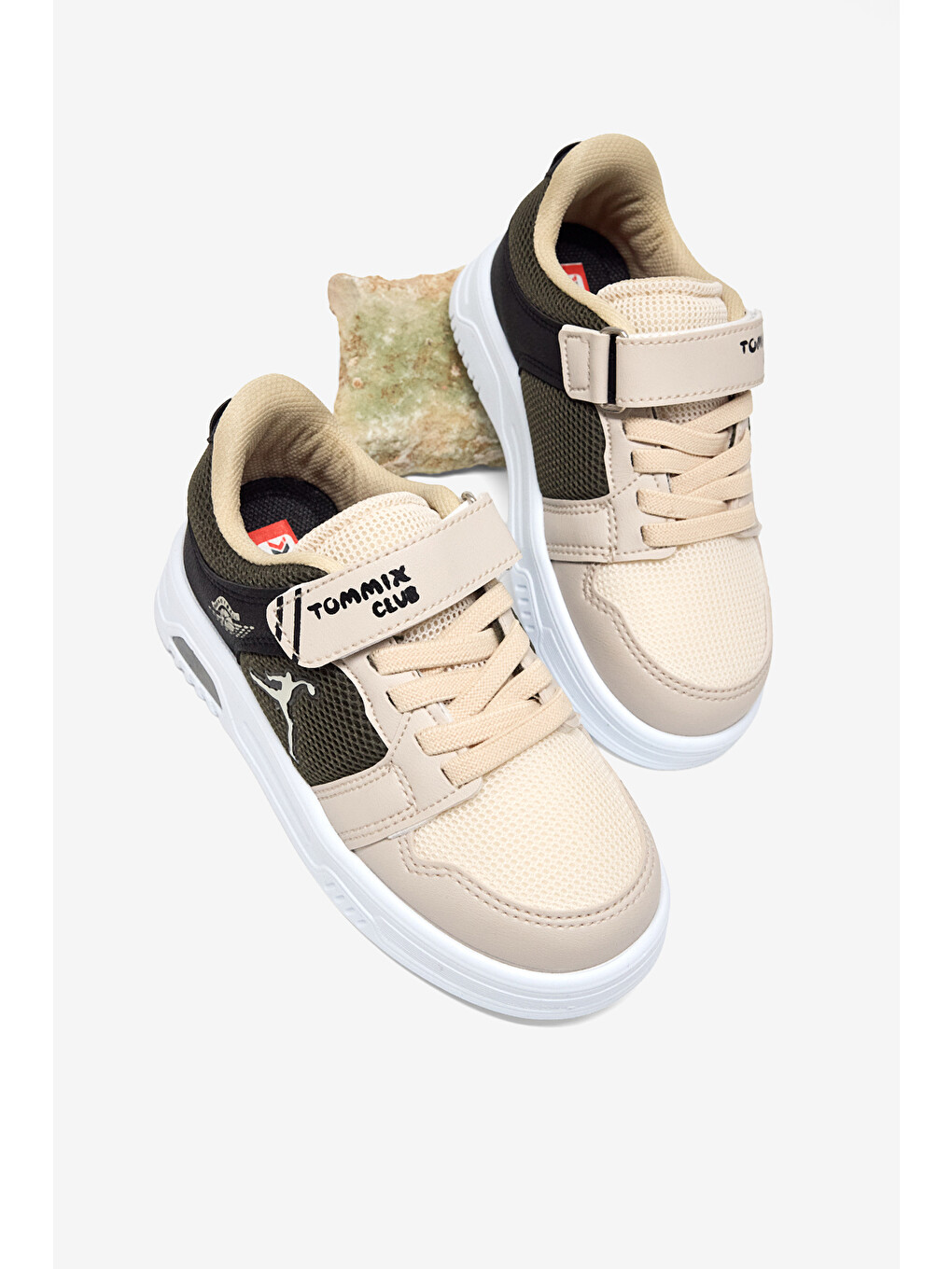 Çocuk Unisex Bej Haki Siyah Kauçuk Taban Cırtlı Işıklı Sneaker-2