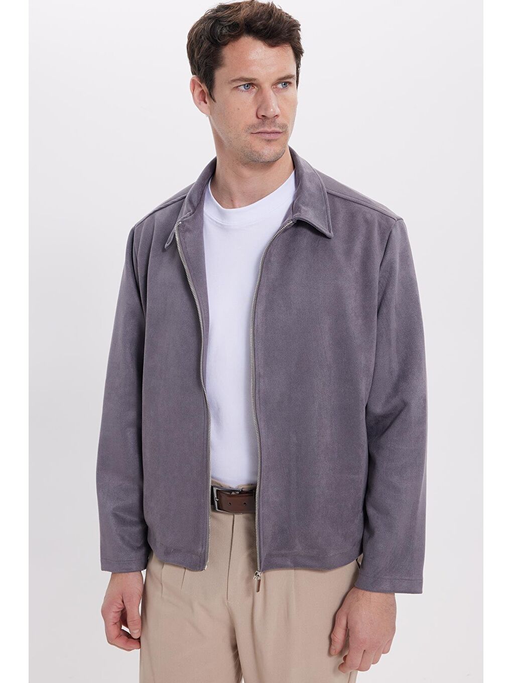 Erkek Relax Fit Rahat Kesim Süet Fermuarlı Astarlı Cepli Gri Kolej Ceket Mont