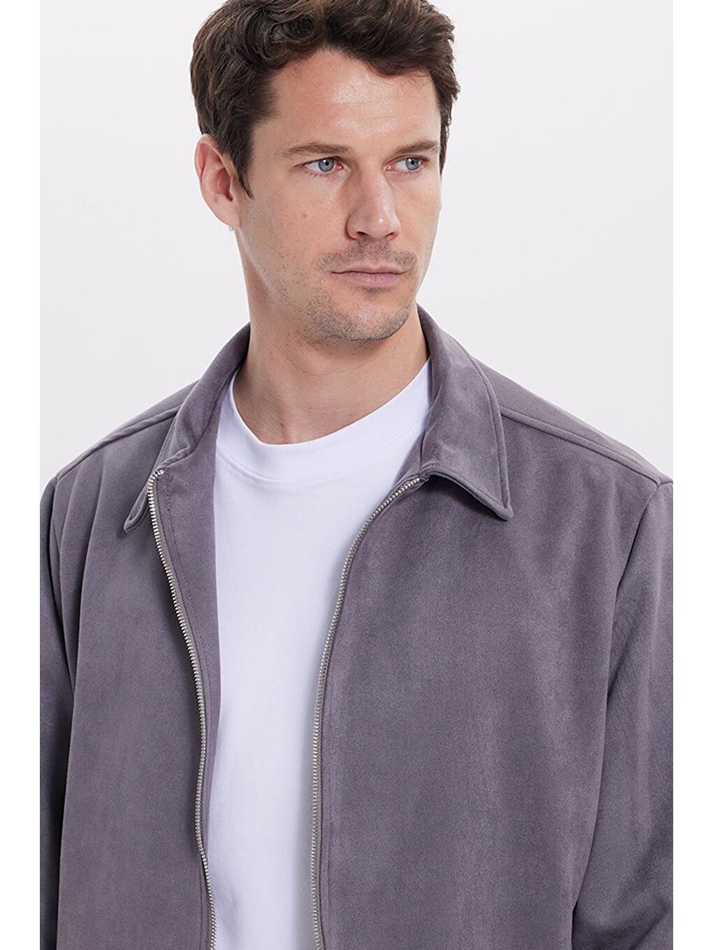 Erkek Relax Fit Rahat Kesim Süet Fermuarlı Astarlı Cepli Gri Kolej Ceket Mont-1