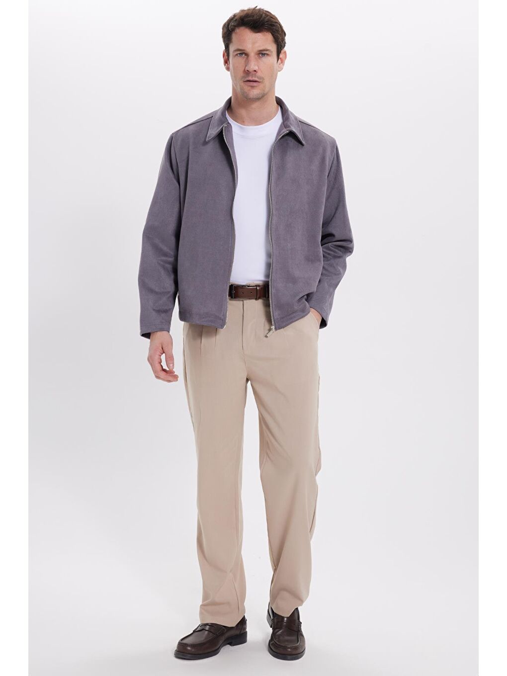 Erkek Relax Fit Rahat Kesim Süet Fermuarlı Astarlı Cepli Gri Kolej Ceket Mont-2
