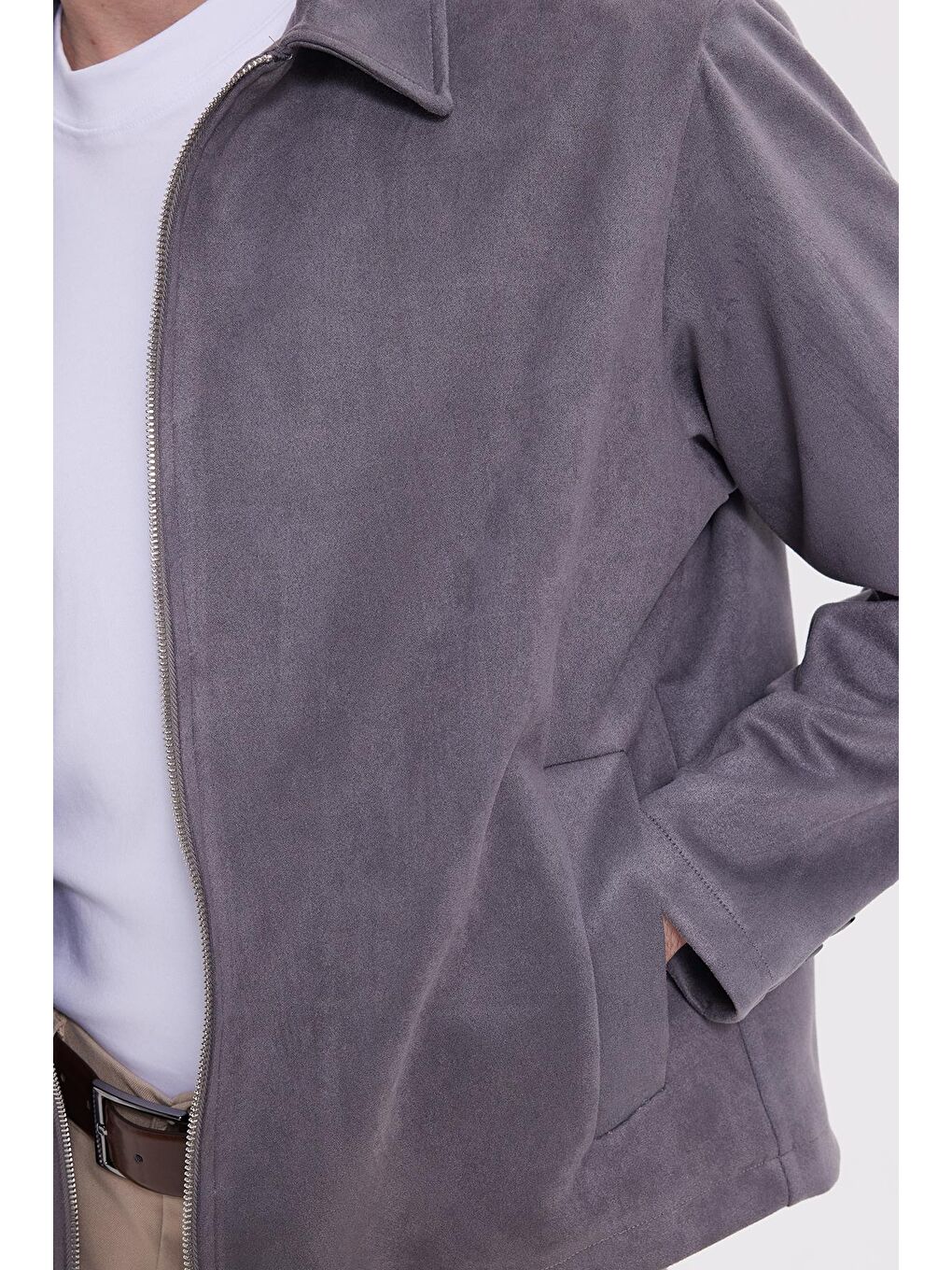 Erkek Relax Fit Rahat Kesim Süet Fermuarlı Astarlı Cepli Gri Kolej Ceket Mont-3