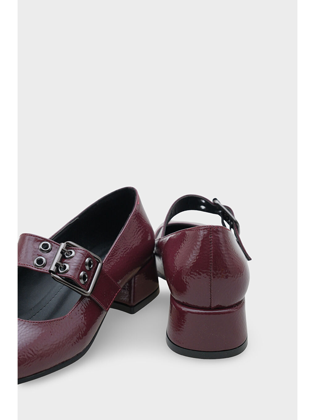 Bordo Keri Küt Burunlu Kısa Topuklu Bantlı Mary Jane Kadın Ayakkabı-5