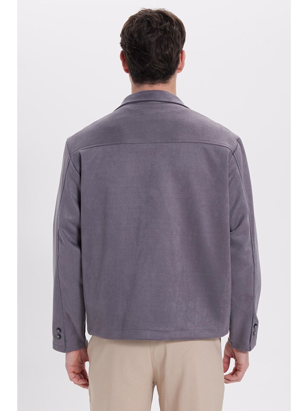 Erkek Relax Fit Rahat Kesim Süet Fermuarlı Astarlı Cepli Gri Kolej Ceket Mont-5