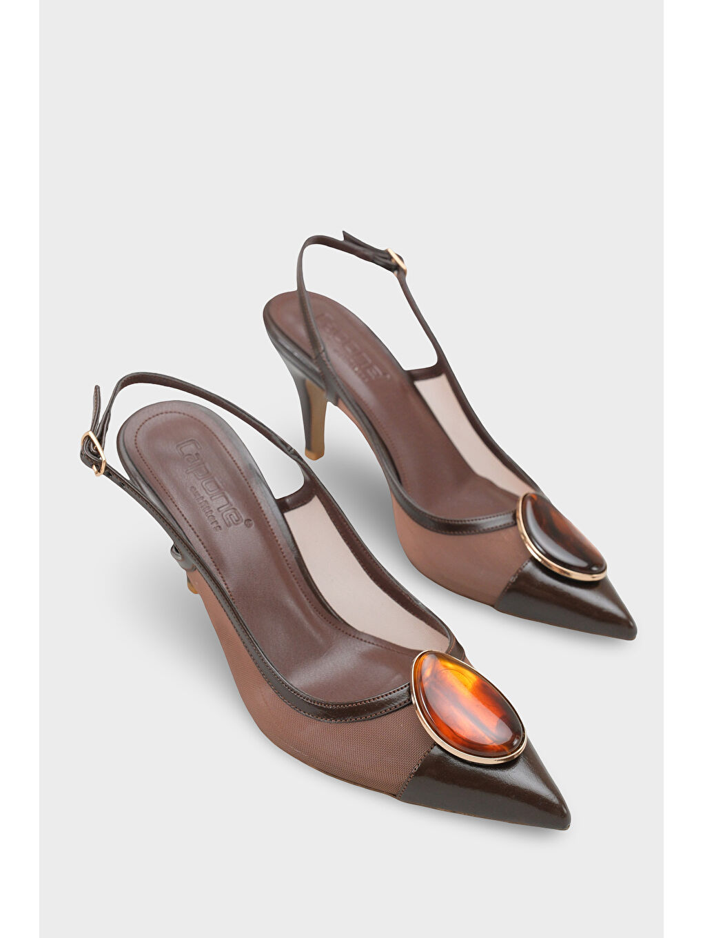 Kahverengi Liane Orta Topuklu Taşlı Fileli Arkası Açık Kadın Ayakkabı-1