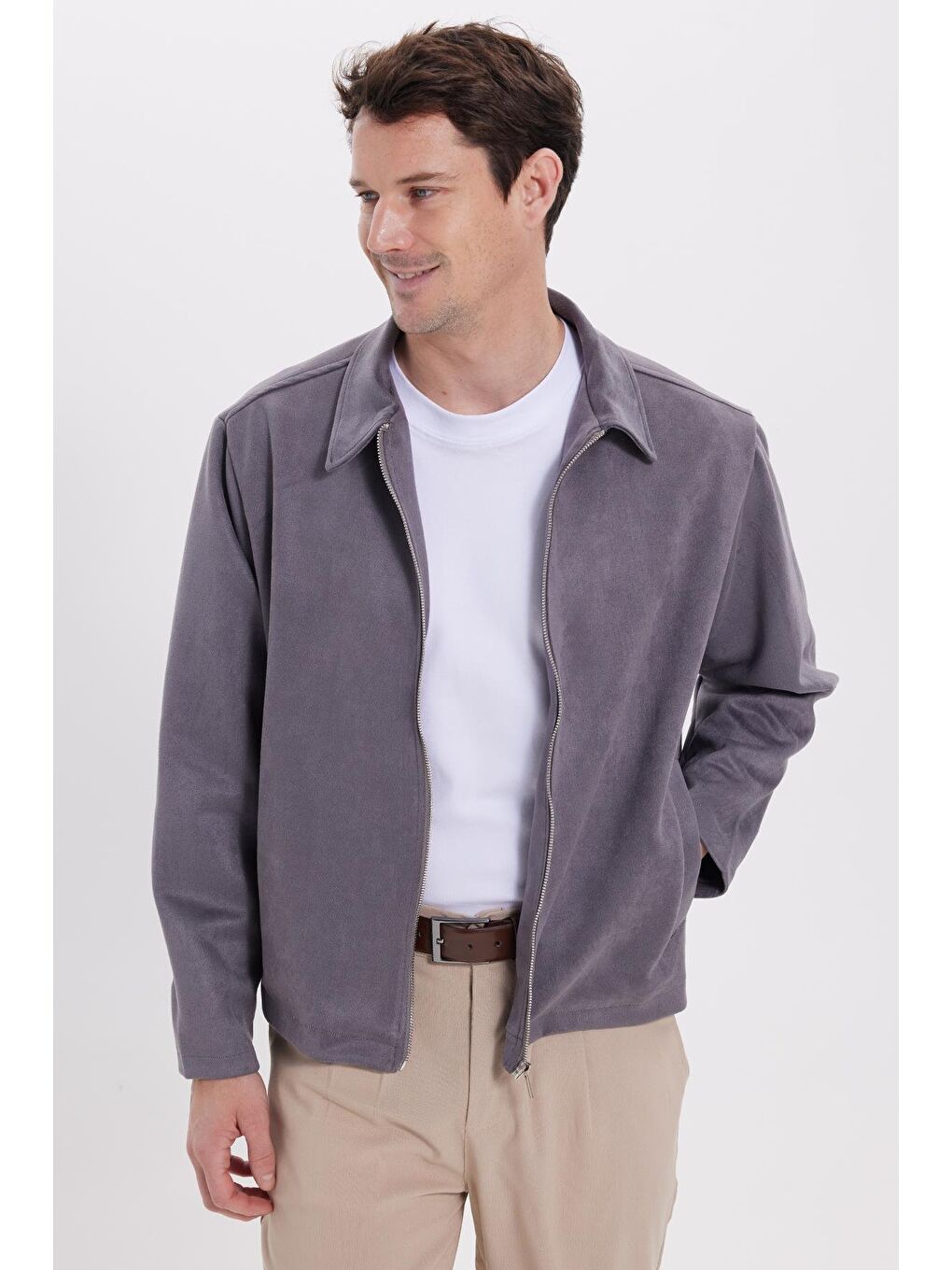 Erkek Relax Fit Rahat Kesim Süet Fermuarlı Astarlı Cepli Gri Kolej Ceket Mont-6
