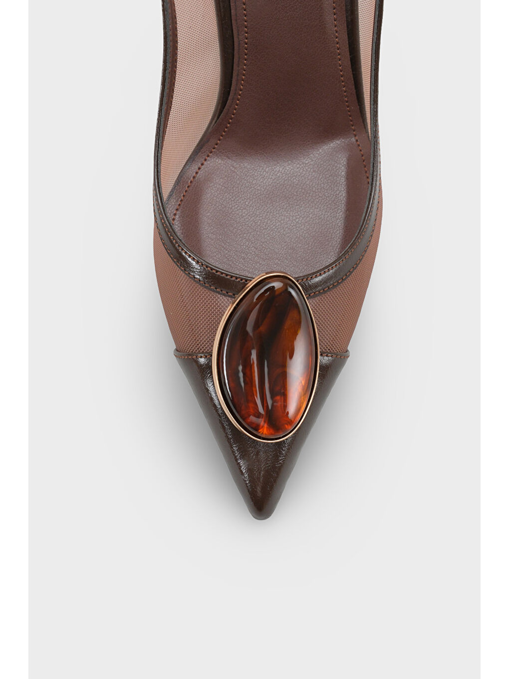 Kahverengi Liane Orta Topuklu Taşlı Fileli Arkası Açık Kadın Ayakkabı-2