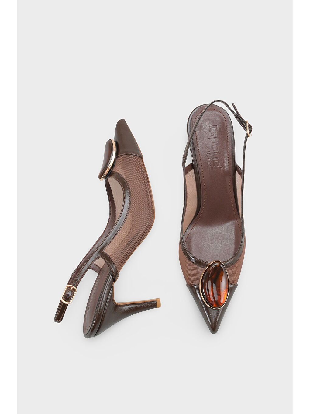Kahverengi Liane Orta Topuklu Taşlı Fileli Arkası Açık Kadın Ayakkabı-4