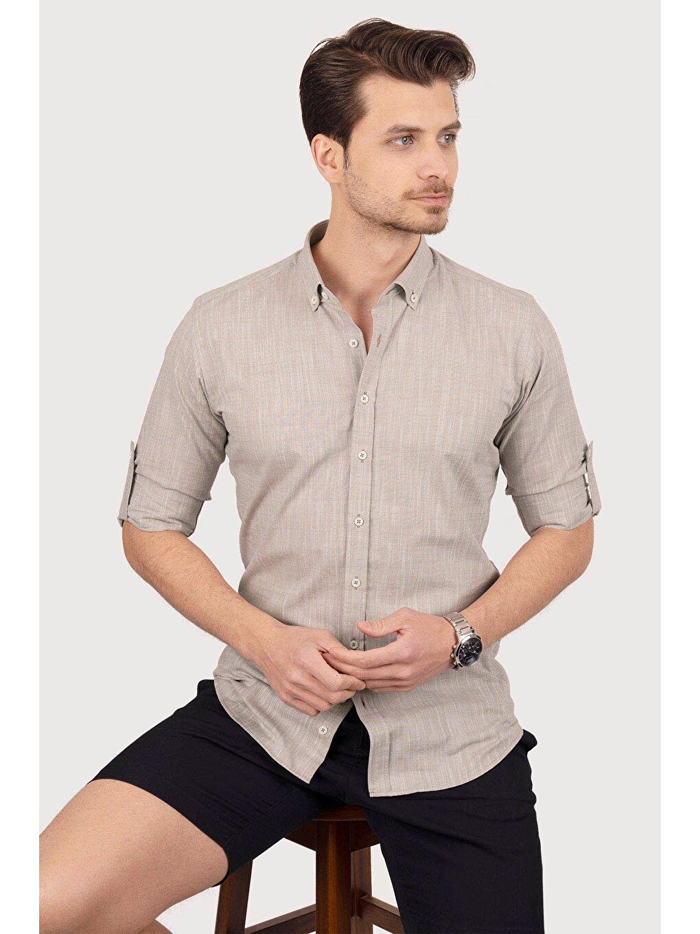 Kahverengi Sütlü Kahve Yaka Düğmeli Keten Görünümlü Erkek %100 Pamuk Gömlek-1