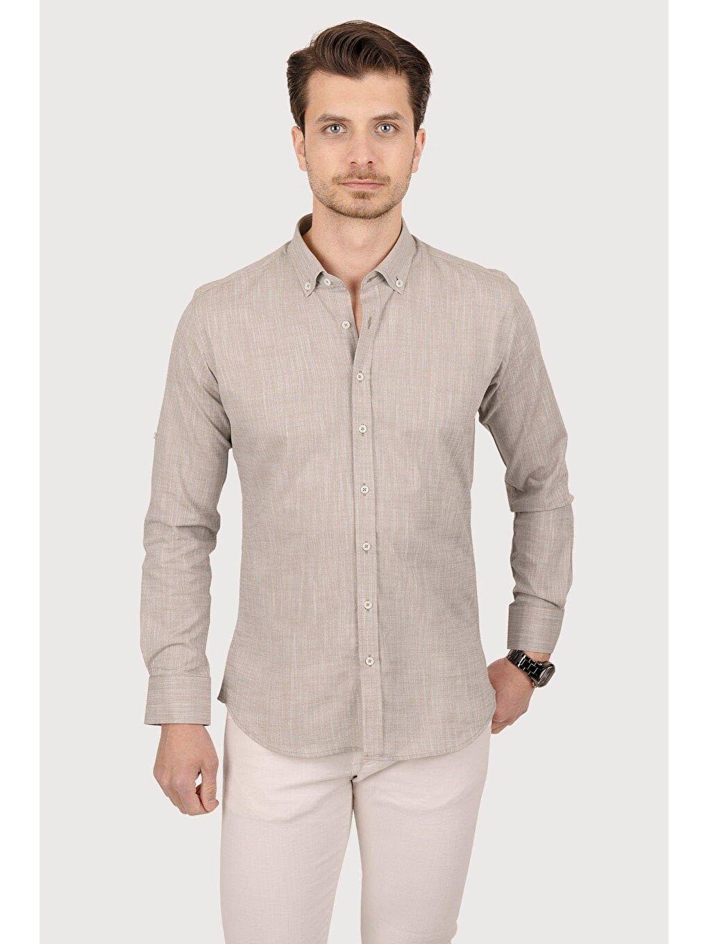 Kahverengi Sütlü Kahve Yaka Düğmeli Keten Görünümlü Erkek %100 Pamuk Gömlek-2