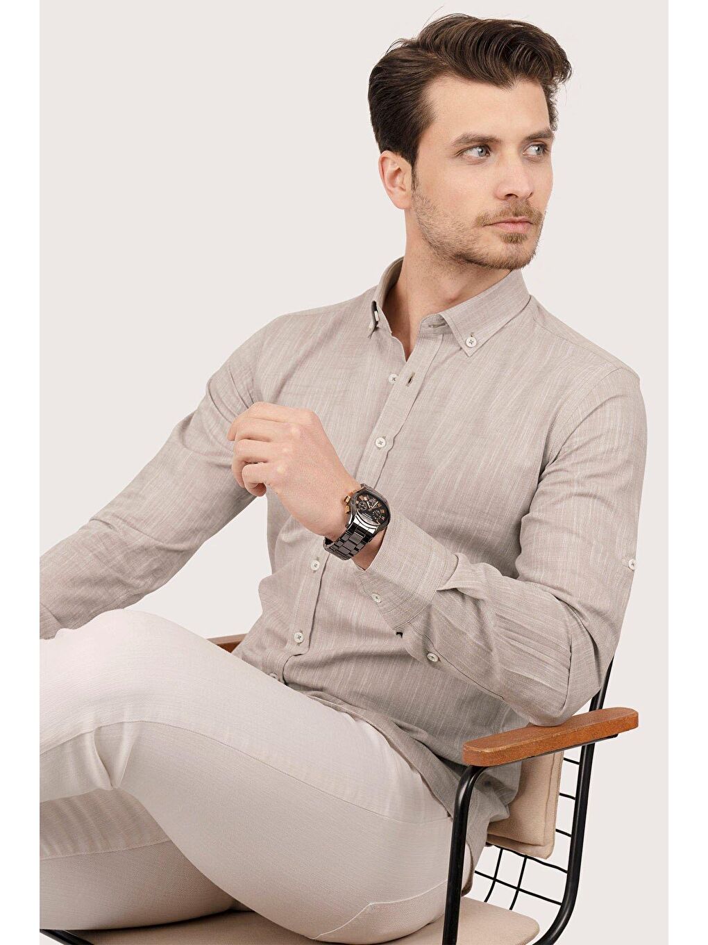 Kahverengi Sütlü Kahve Yaka Düğmeli Keten Görünümlü Erkek %100 Pamuk Gömlek-4