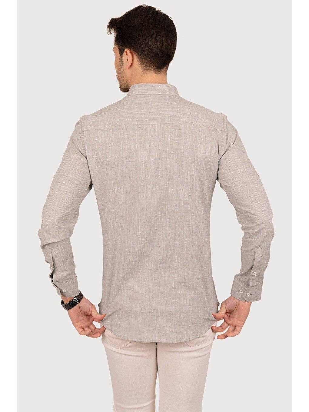 Kahverengi Sütlü Kahve Yaka Düğmeli Keten Görünümlü Erkek %100 Pamuk Gömlek-6