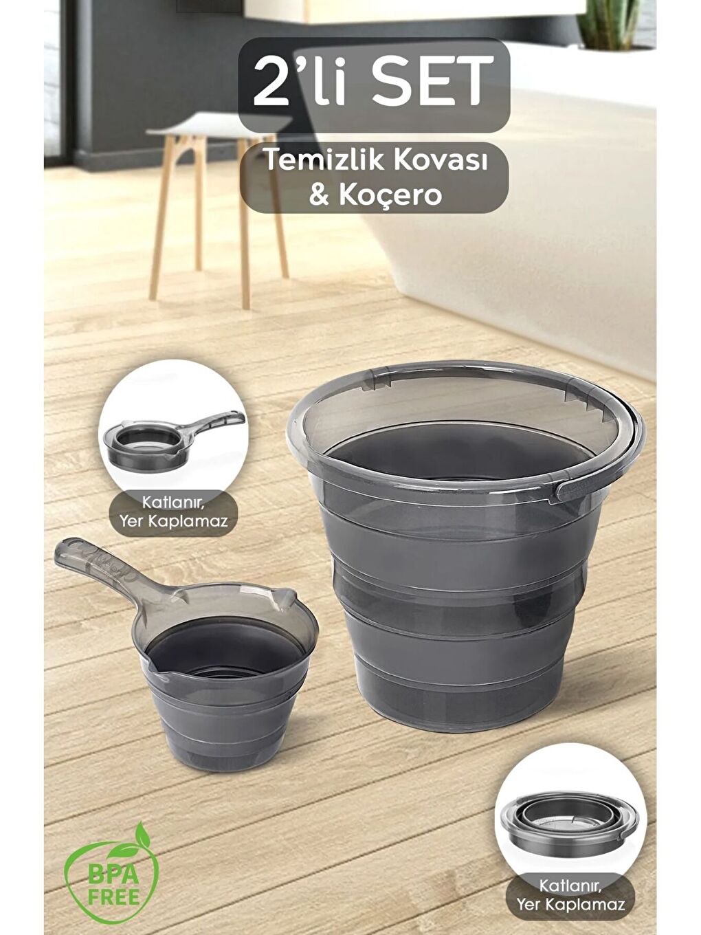 Antrasit 2'li Set Katlanabilir Akordiyon Su Kovası 6 lt Katlanabilir Koçero Maşrapa Platin