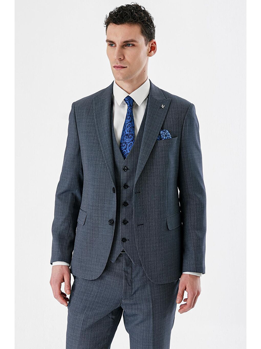 Koyu Lacivert Kırlangıç Yaka Yelekli 6 Drop Slim Fit Klasik Takım Elbise 1001240157-2