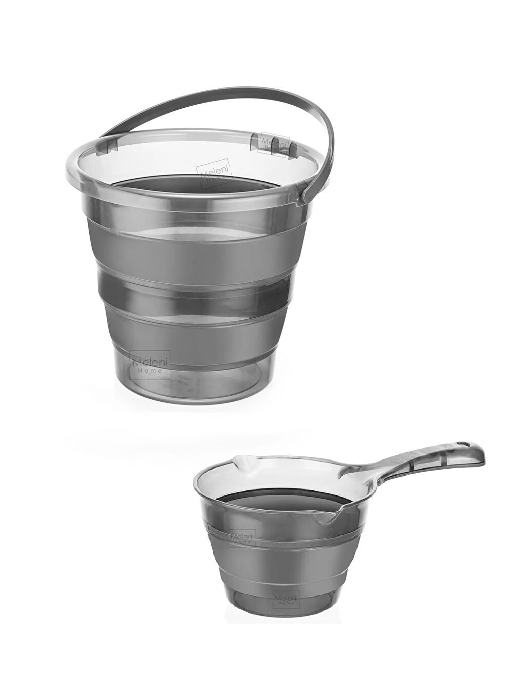 Antrasit 2'li Set Katlanabilir Akordiyon Su Kovası 6 lt Katlanabilir Koçero Maşrapa Platin-1