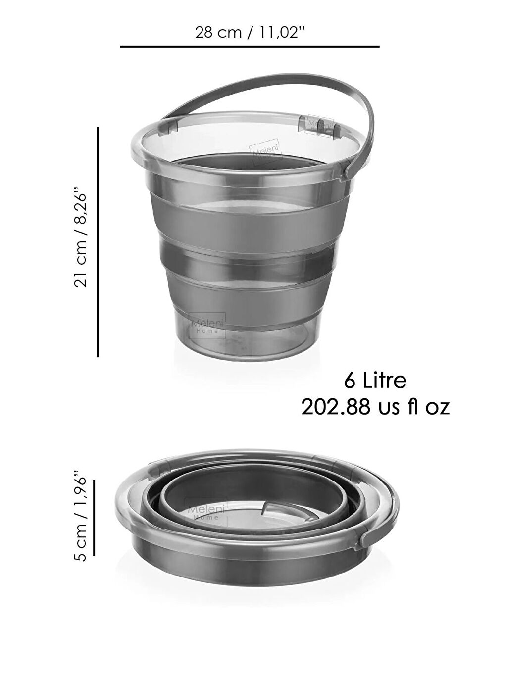 Antrasit 2'li Set Katlanabilir Akordiyon Su Kovası 6 lt Katlanabilir Koçero Maşrapa Platin-2