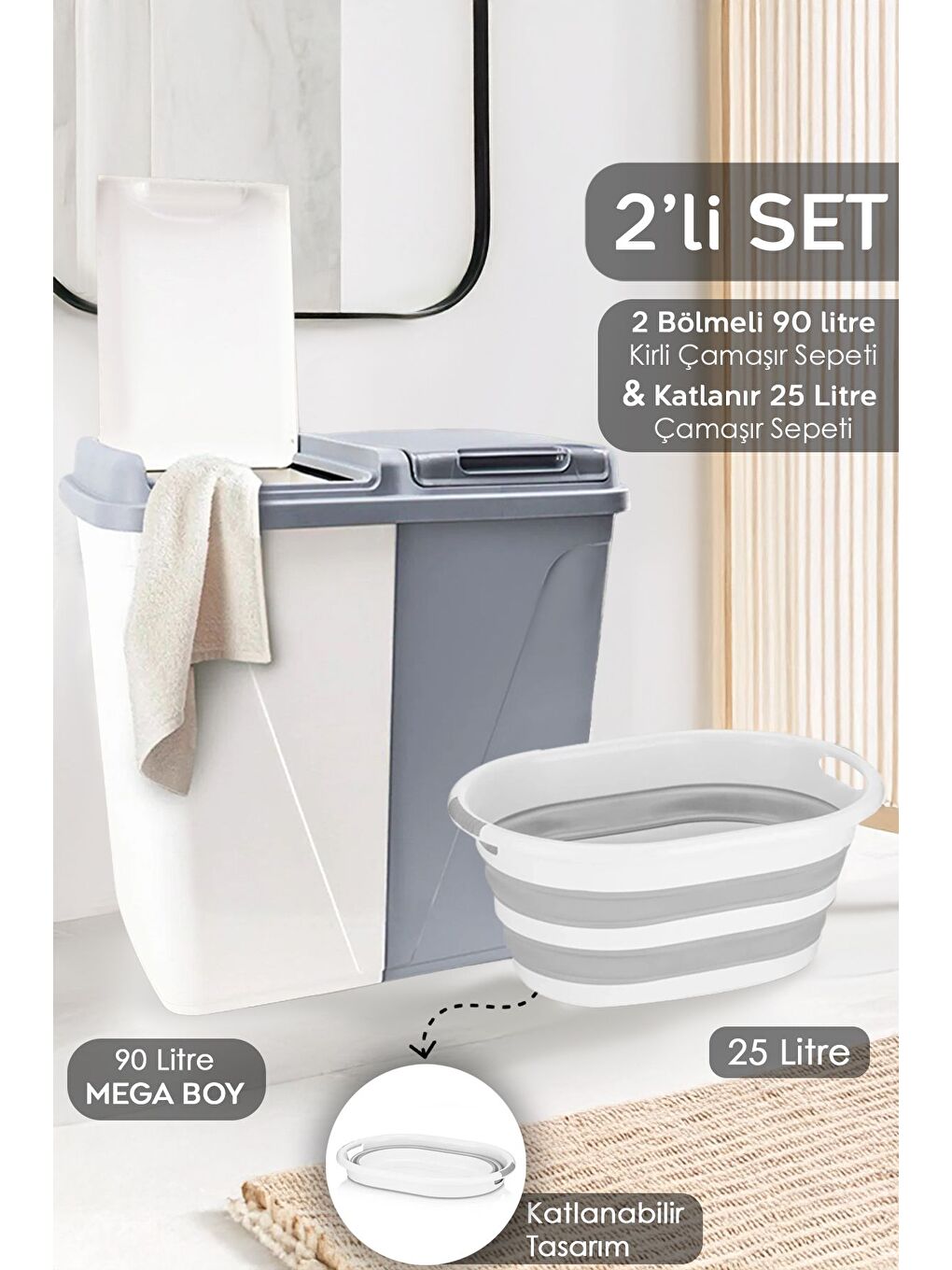 2'li Çamaşır Sepeti Seti 90 lt İki Bölmeli Kirli Çamaşır Sepeti Katlanabilir Akordiyon Sepet Gri