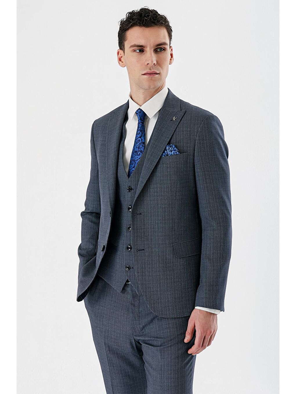 Koyu Lacivert Kırlangıç Yaka Yelekli 6 Drop Slim Fit Klasik Takım Elbise 1001240157-4