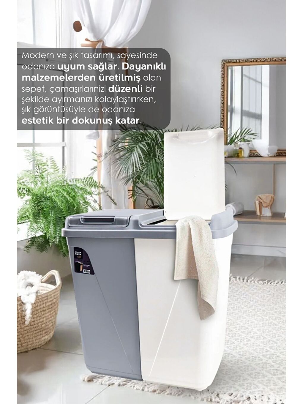 2'li Çamaşır Sepeti Seti 90 lt İki Bölmeli Kirli Çamaşır Sepeti Katlanabilir Akordiyon Sepet Gri-3