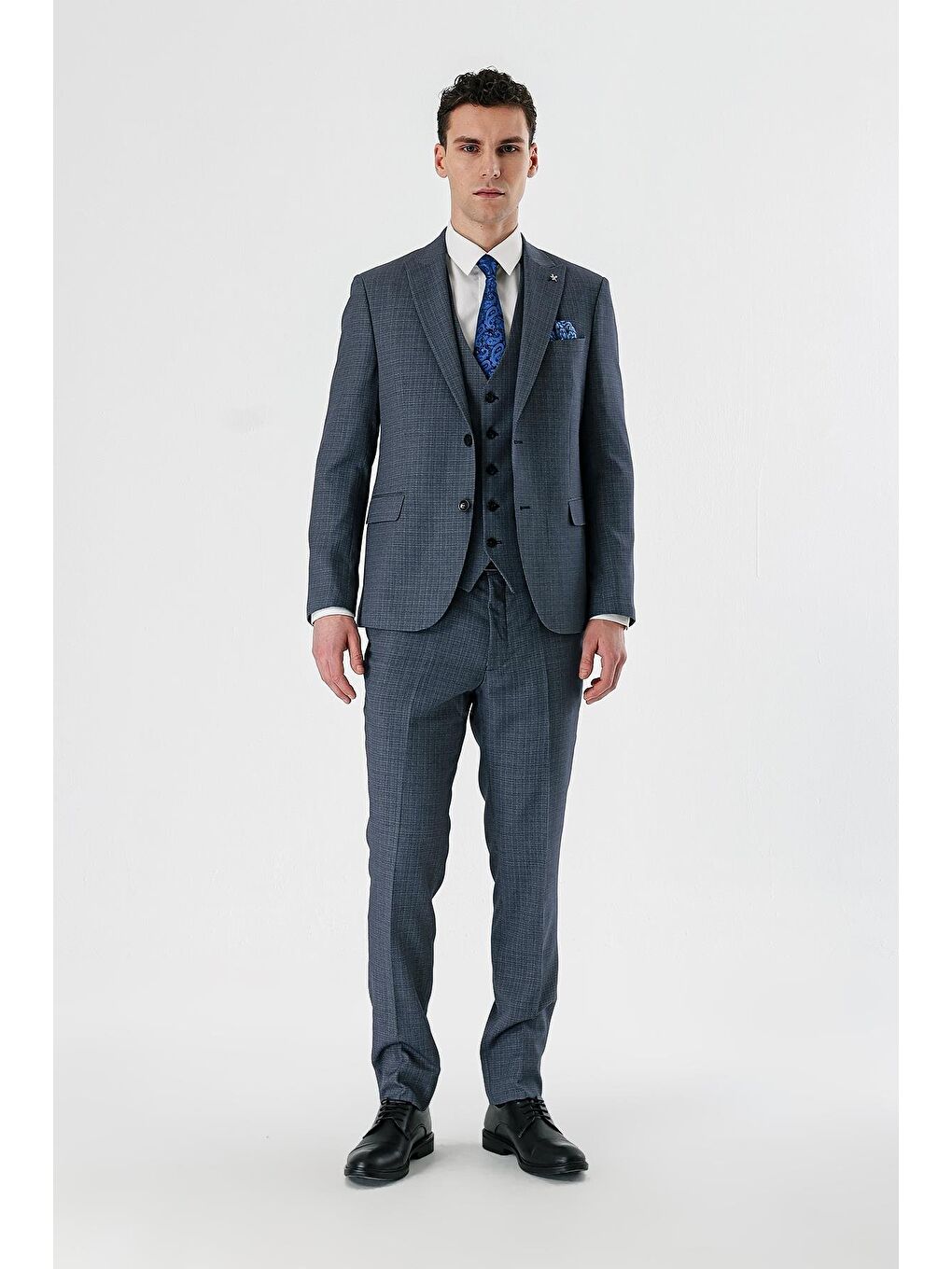 Koyu Lacivert Kırlangıç Yaka Yelekli 6 Drop Slim Fit Klasik Takım Elbise 1001240157-6