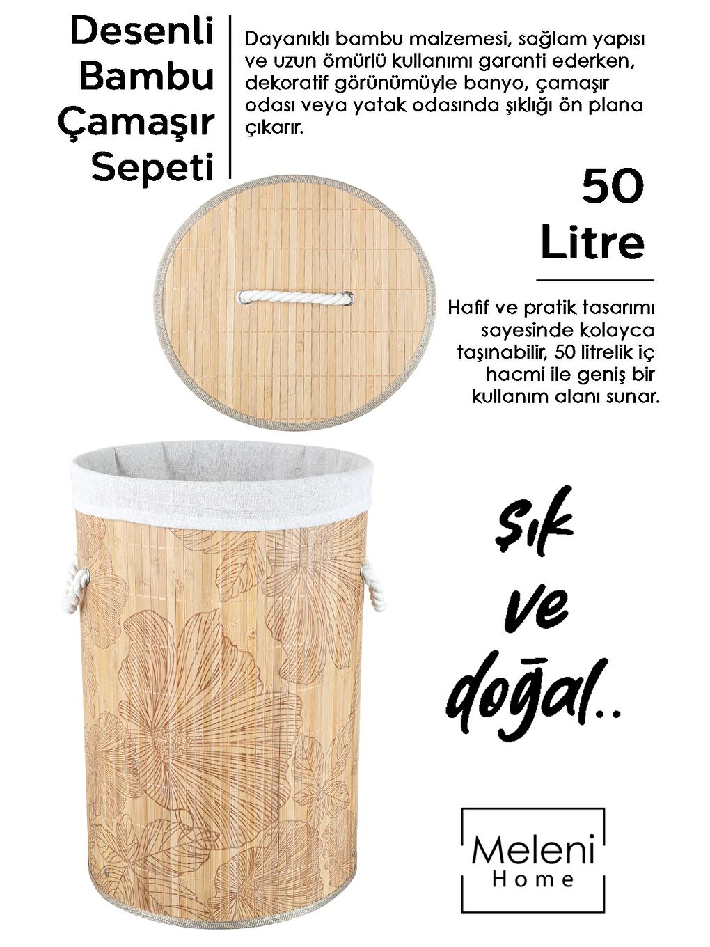 Bej Desenli Bambu Katlanabilir Çamaşır Sepeti Düzenleyici Sepet Katlanır Kirli Sepeti Yuvarlak 50 lt-1