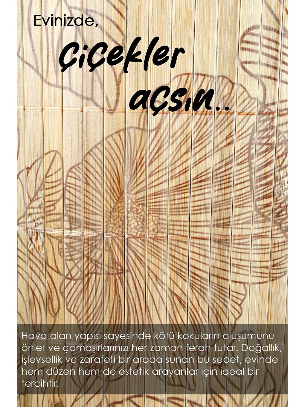 Bej Desenli Bambu Katlanabilir Çamaşır Sepeti Düzenleyici Sepet Katlanır Kirli Sepeti Yuvarlak 50 lt-2