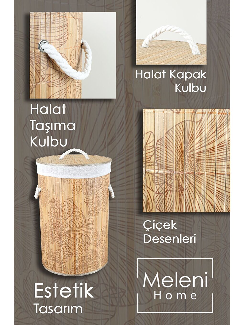 Bej Desenli Bambu Katlanabilir Çamaşır Sepeti Düzenleyici Sepet Katlanır Kirli Sepeti Yuvarlak 50 lt-3