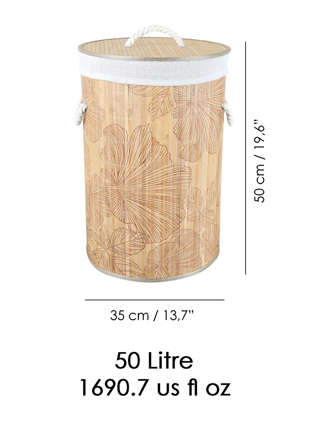 Bej Desenli Bambu Katlanabilir Çamaşır Sepeti Düzenleyici Sepet Katlanır Kirli Sepeti Yuvarlak 50 lt-4