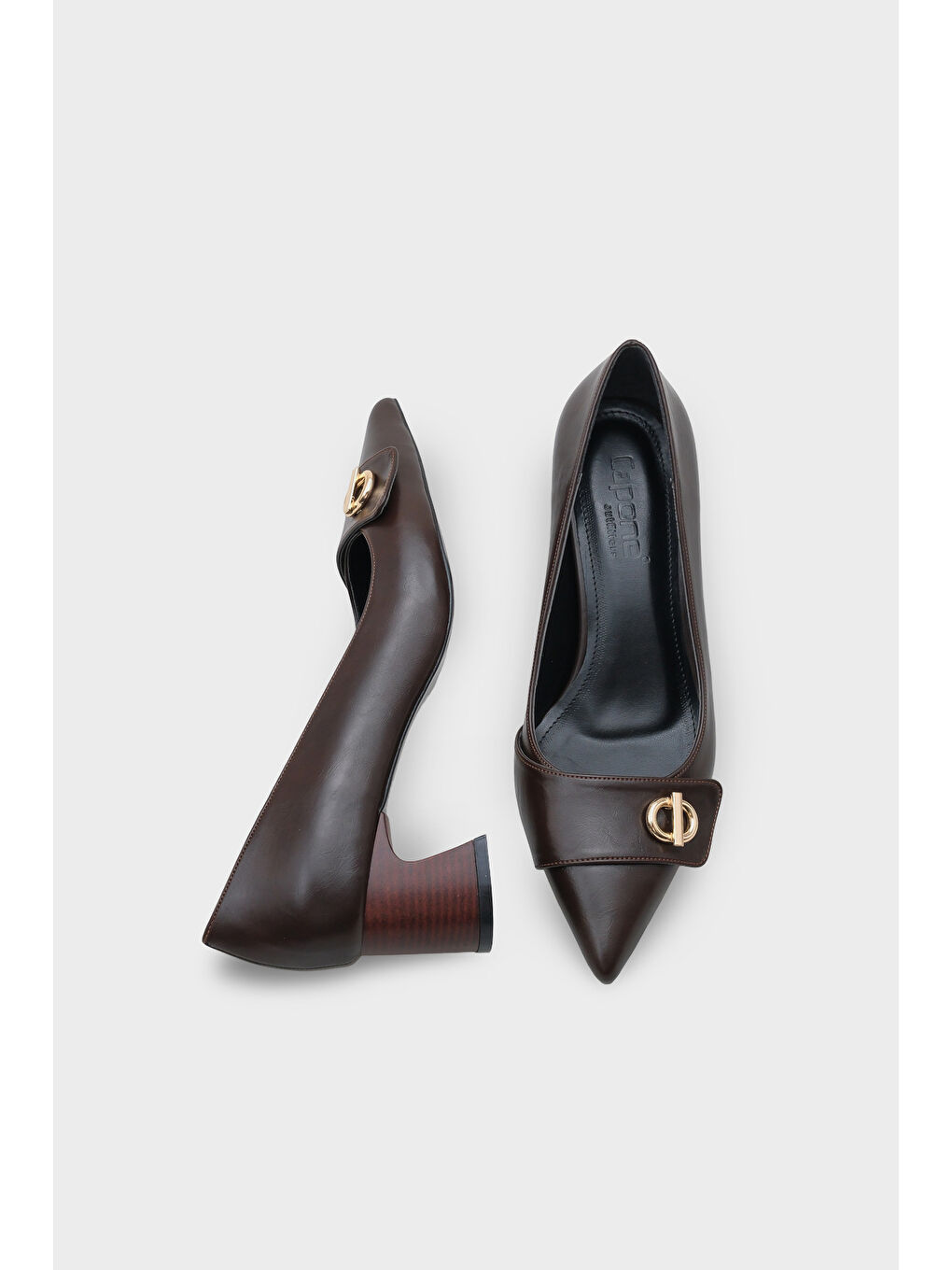 Kahverengi April Ahşap Orta Boy Topuklu Metal Tokalı Sivri Burunlu Kadın Ayakkabı-4