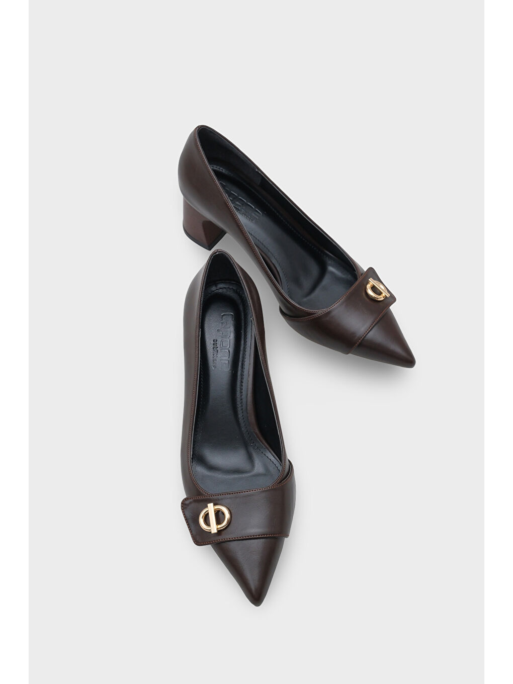 Kahverengi April Ahşap Orta Boy Topuklu Metal Tokalı Sivri Burunlu Kadın Ayakkabı-5