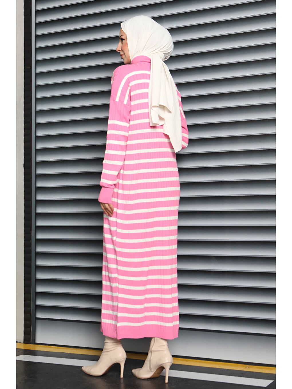 Fermuarlı Çizgili Triko Elbise Pembe - 27931-PEMBE-1