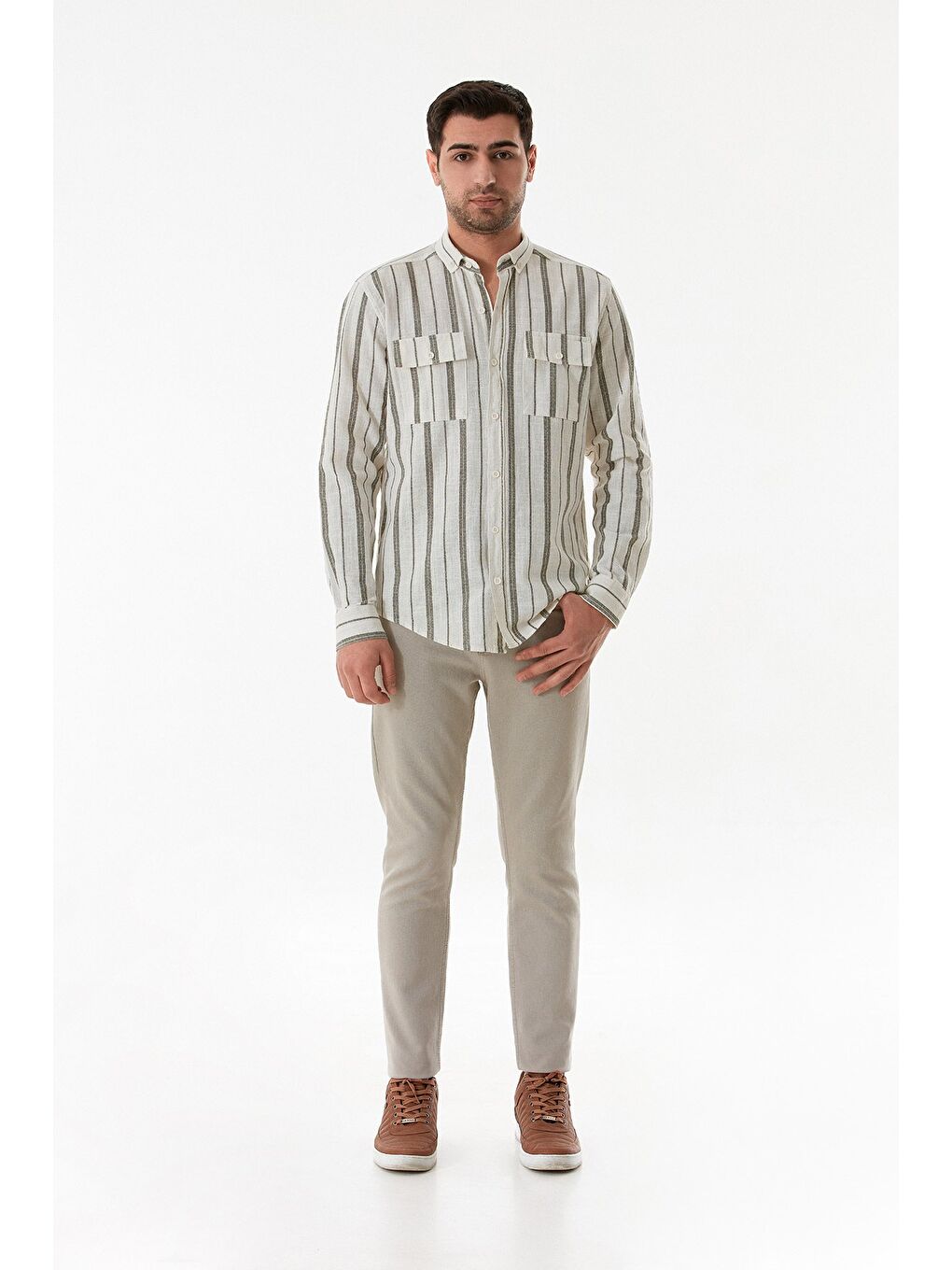 Haki Çizgili Çift Cepli Düğmeli Gömlek-1