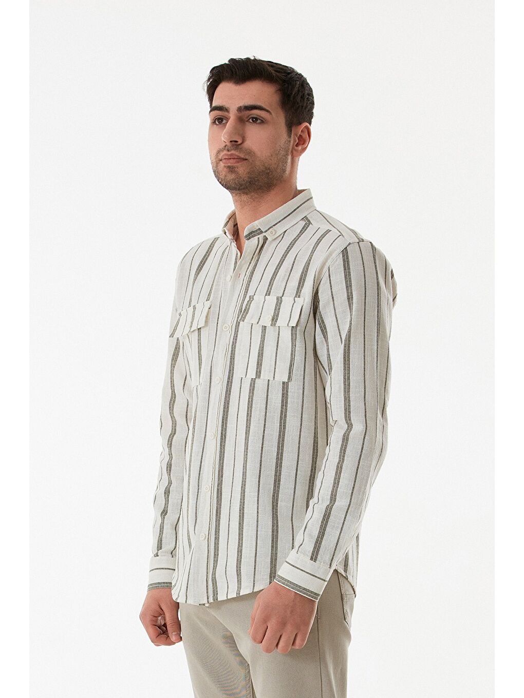 Haki Çizgili Çift Cepli Düğmeli Gömlek-2