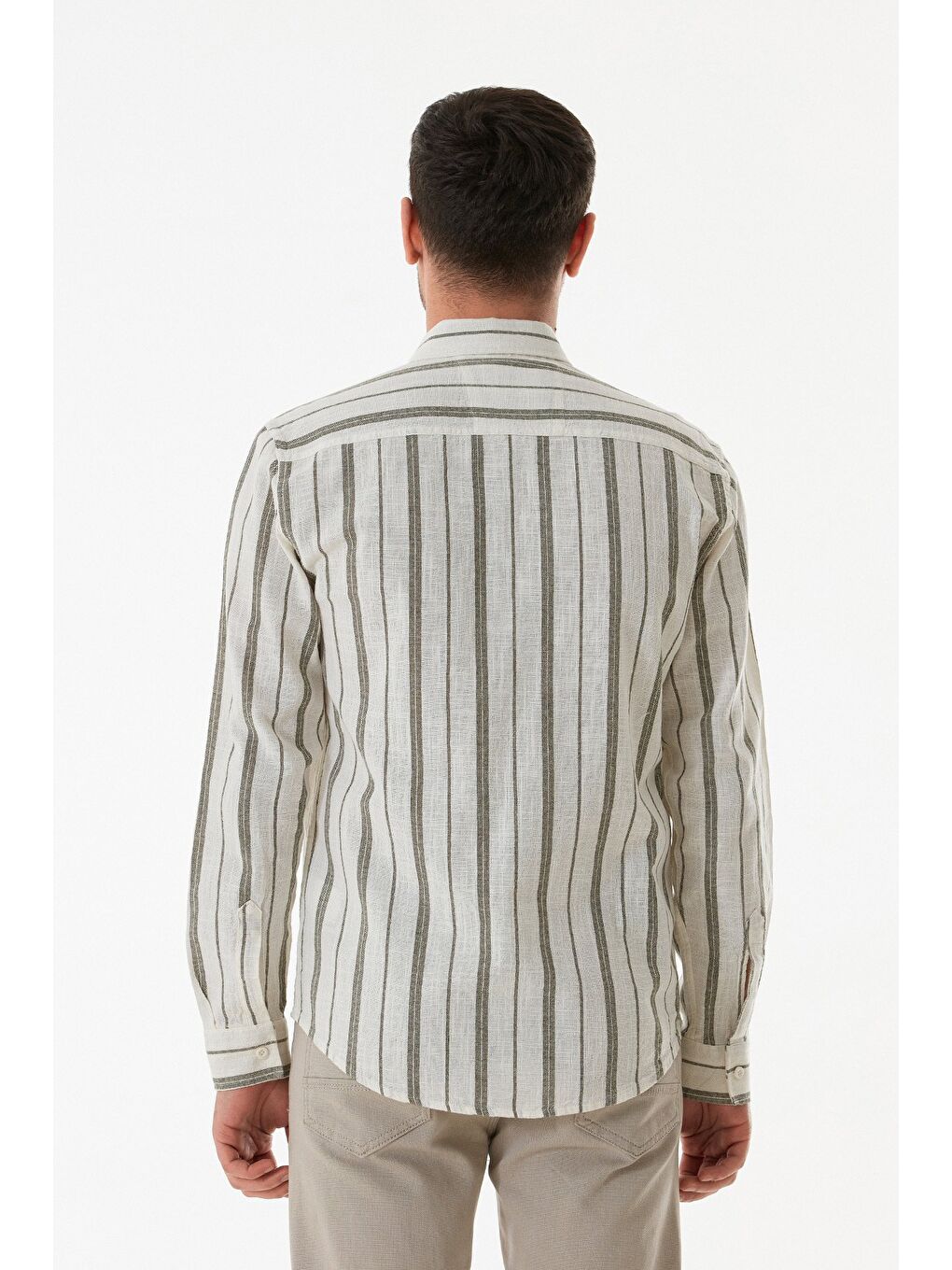 Haki Çizgili Çift Cepli Düğmeli Gömlek-3