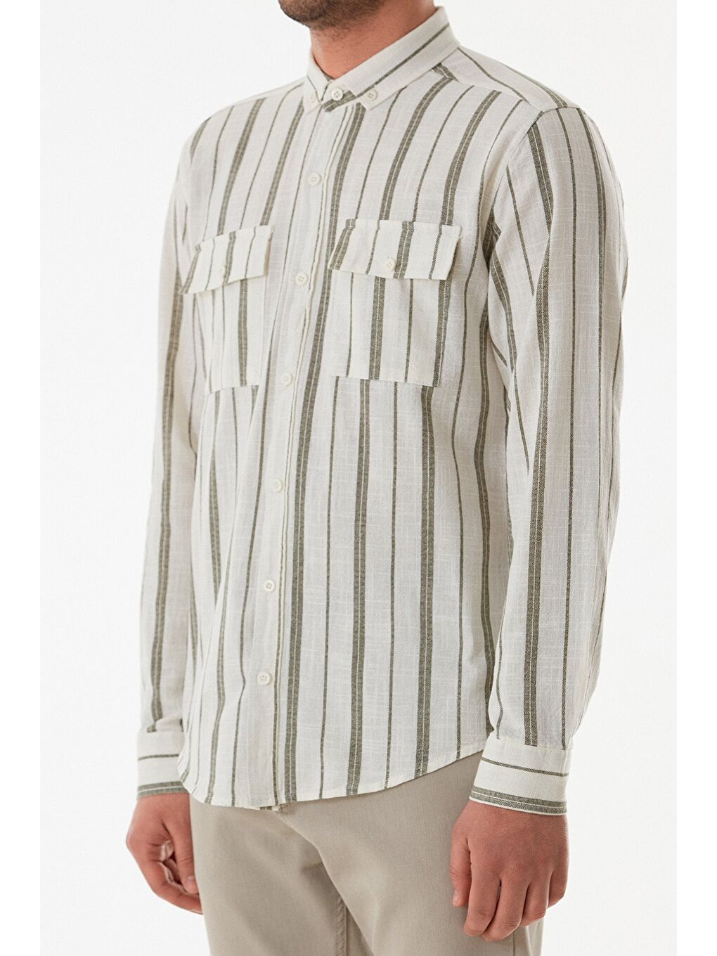 Haki Çizgili Çift Cepli Düğmeli Gömlek-4