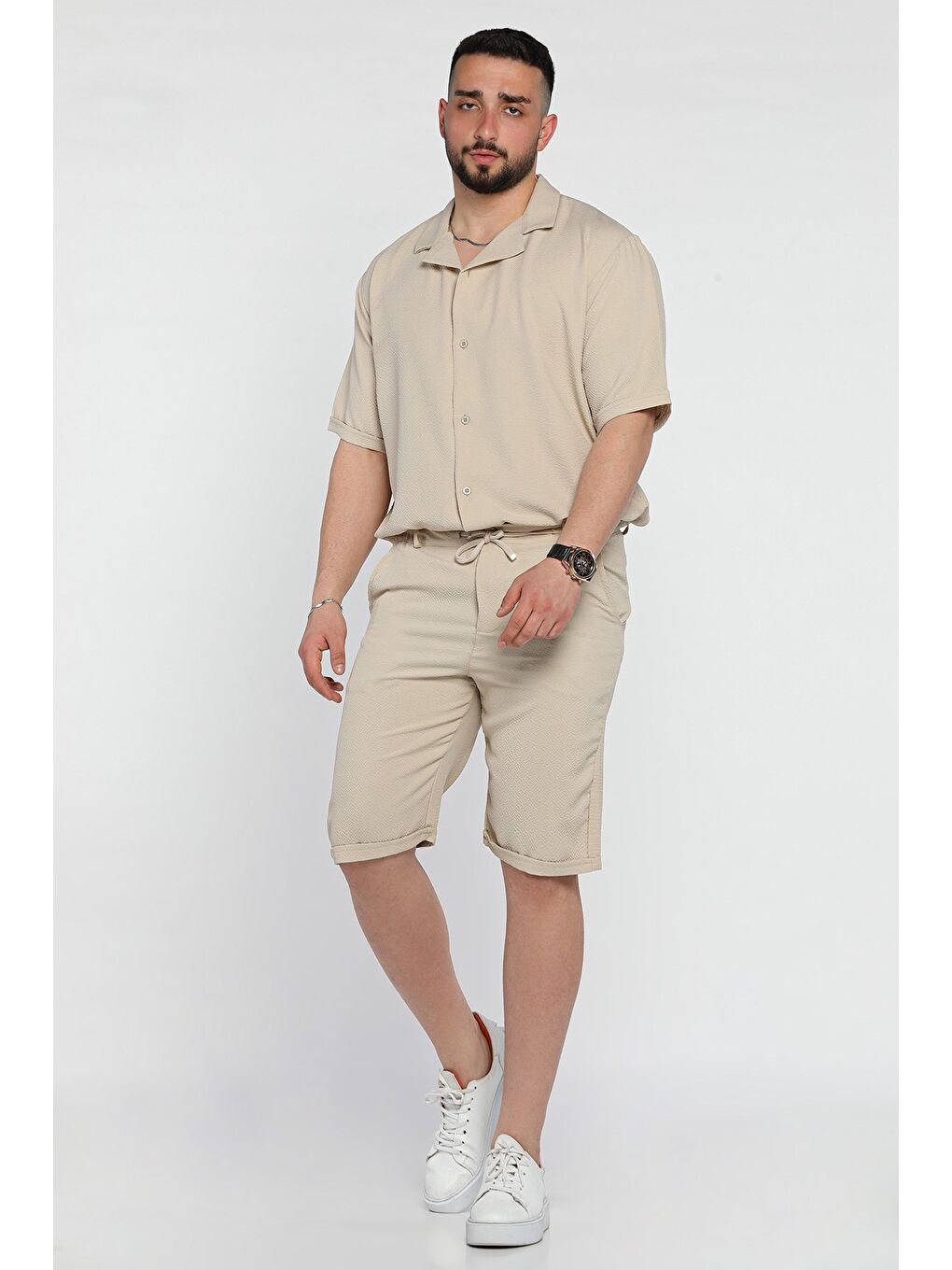 Bej Erkek Duble Kol Gömlek Şort İkili Takım-1