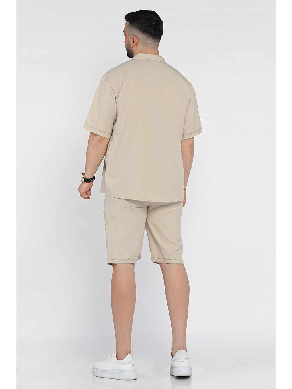 Bej Erkek Duble Kol Gömlek Şort İkili Takım-2