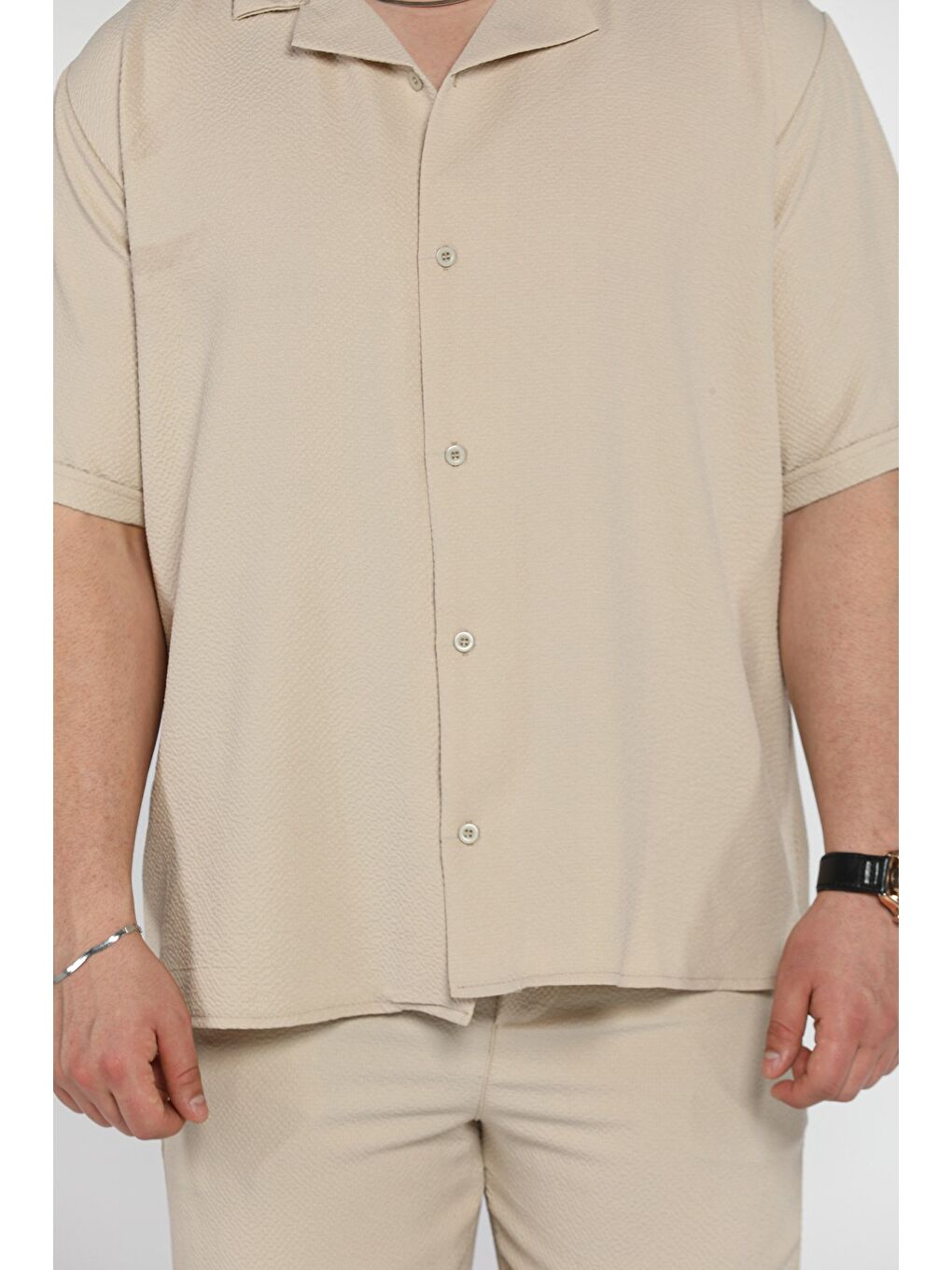 Bej Erkek Duble Kol Gömlek Şort İkili Takım-3