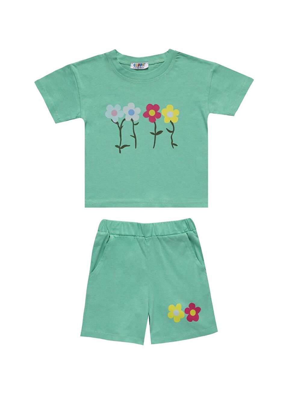 Yeşil Bisiklet Yaka Çiçek Baskılı Kız Çocuk Tişört ve Şort