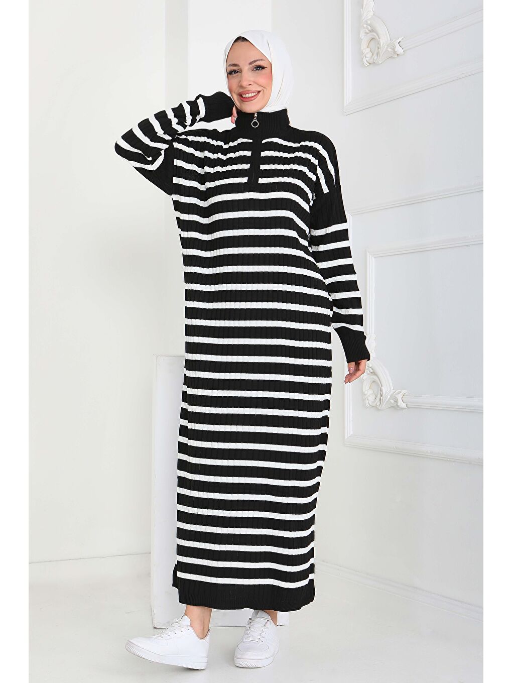 Fermuarlı Çizgili Triko Elbise Siyah - 27931-SIYAH-2
