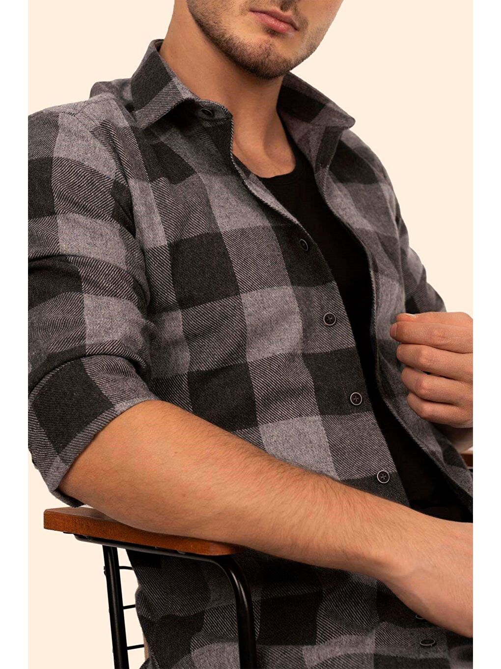 Siyah Füme Dama Desen Slimfit %100 Pamuk Erkek Oduncu Gömlek