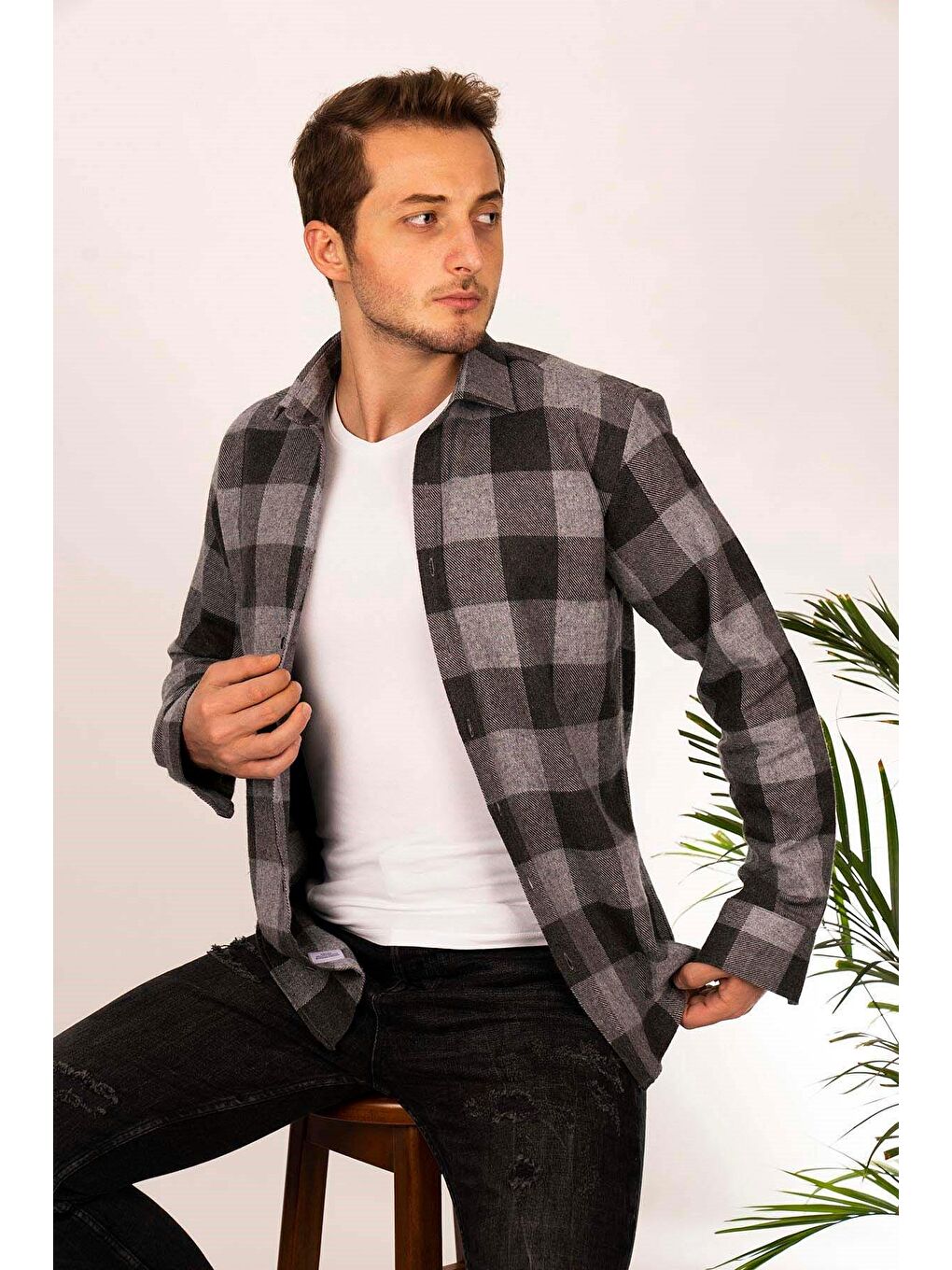 Siyah Füme Dama Desen Slimfit %100 Pamuk Erkek Oduncu Gömlek-1