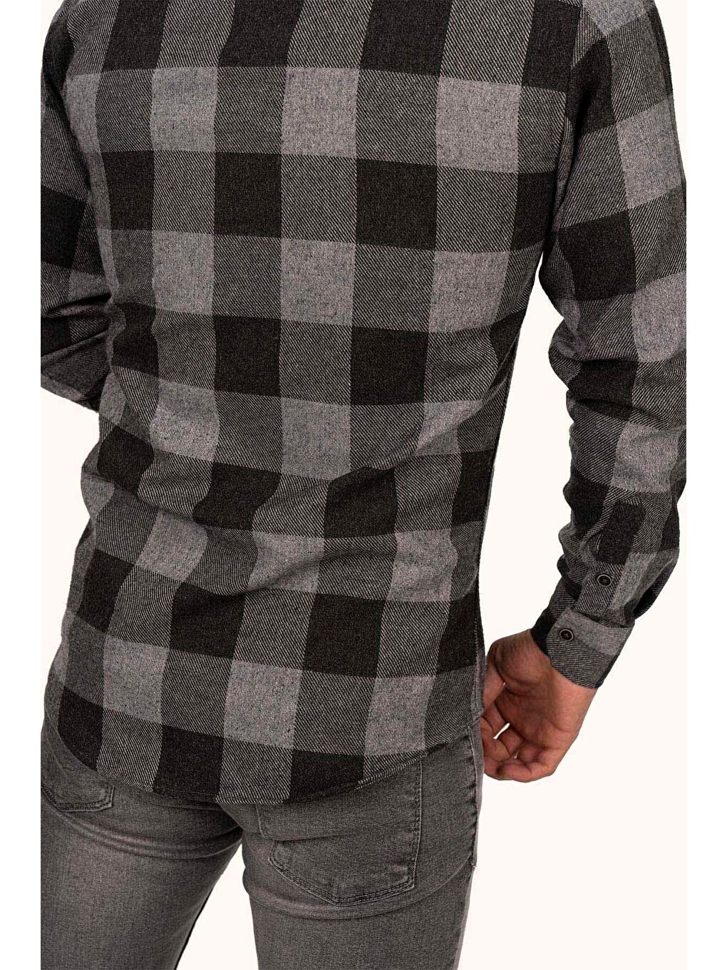 Siyah Füme Dama Desen Slimfit %100 Pamuk Erkek Oduncu Gömlek-5