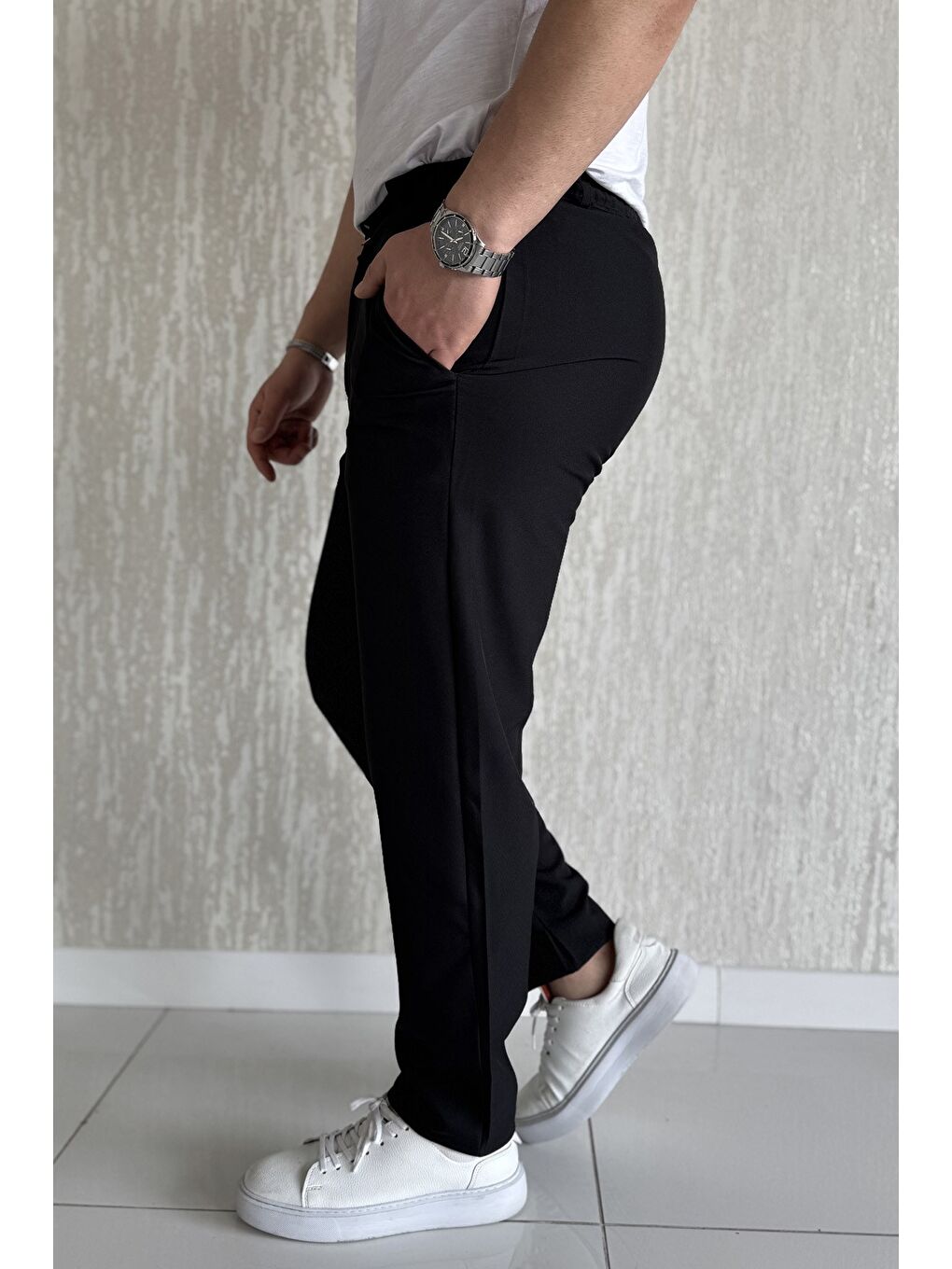 Siyah Duble Paça Bel Bağlamalı Kumaş Erkek Pantolon-1