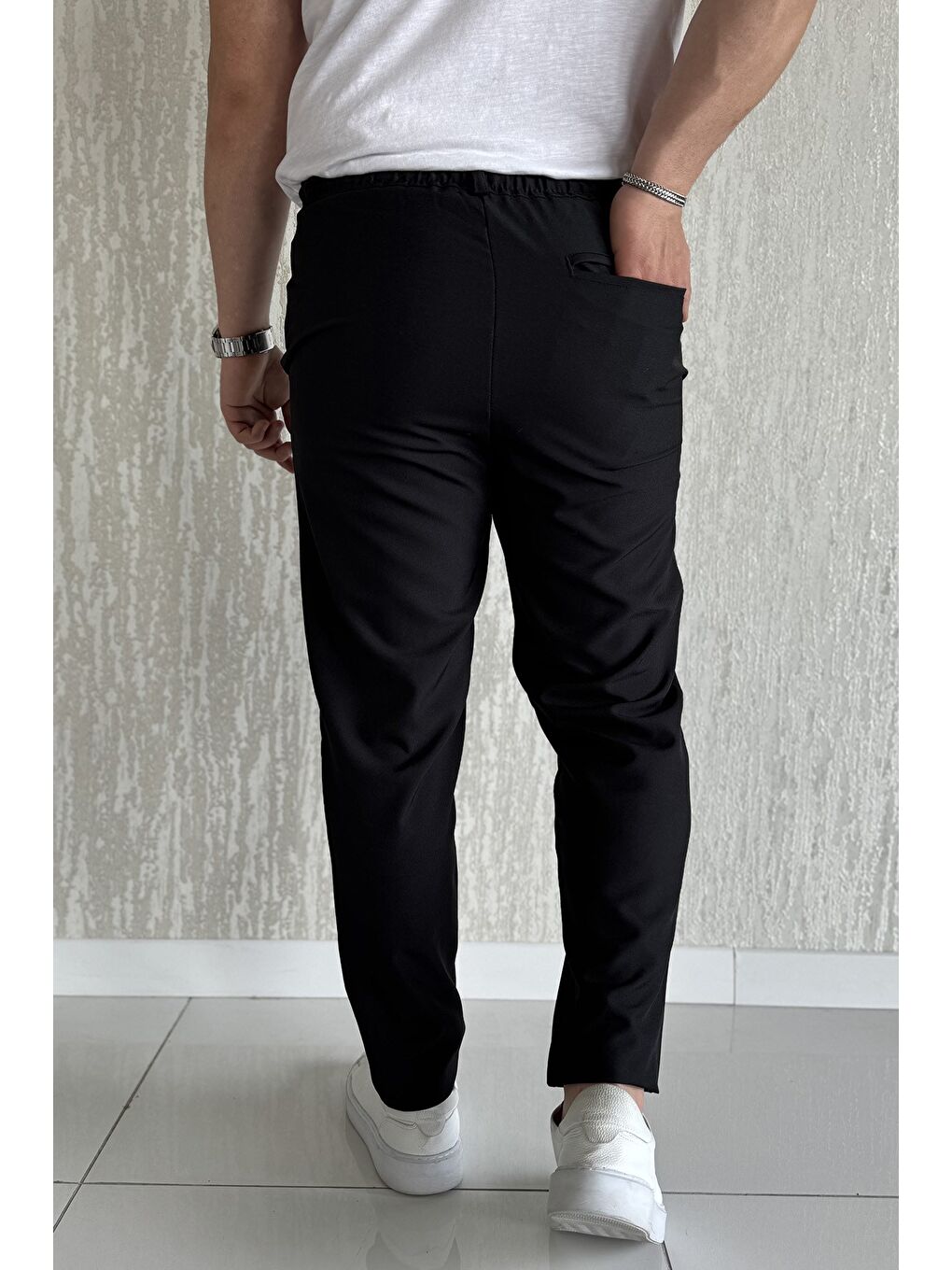 Siyah Duble Paça Bel Bağlamalı Kumaş Erkek Pantolon-2