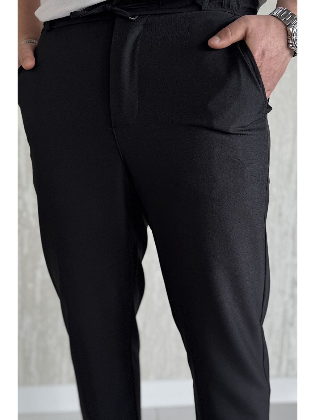 Siyah Duble Paça Bel Bağlamalı Kumaş Erkek Pantolon-3